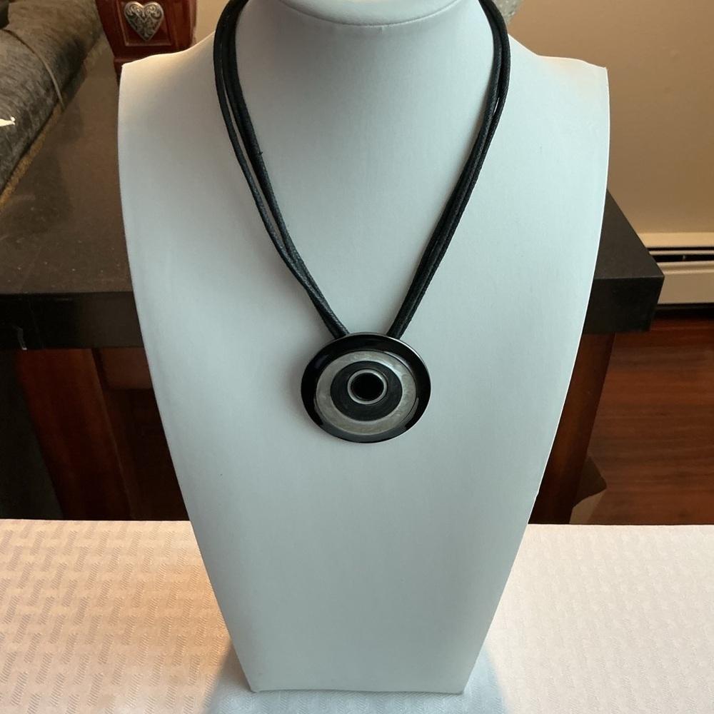 Black and Gray Enamel Gun Metal Tone Pendant Necklace